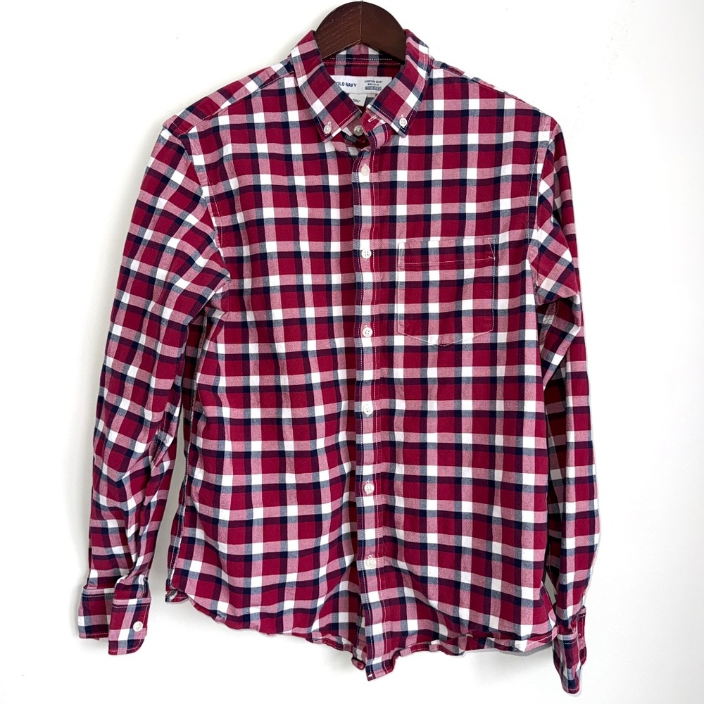 OLD NAVY Mens Medium Burgundy Navy White Plaid Long Sleeve Button Up Shirt M6